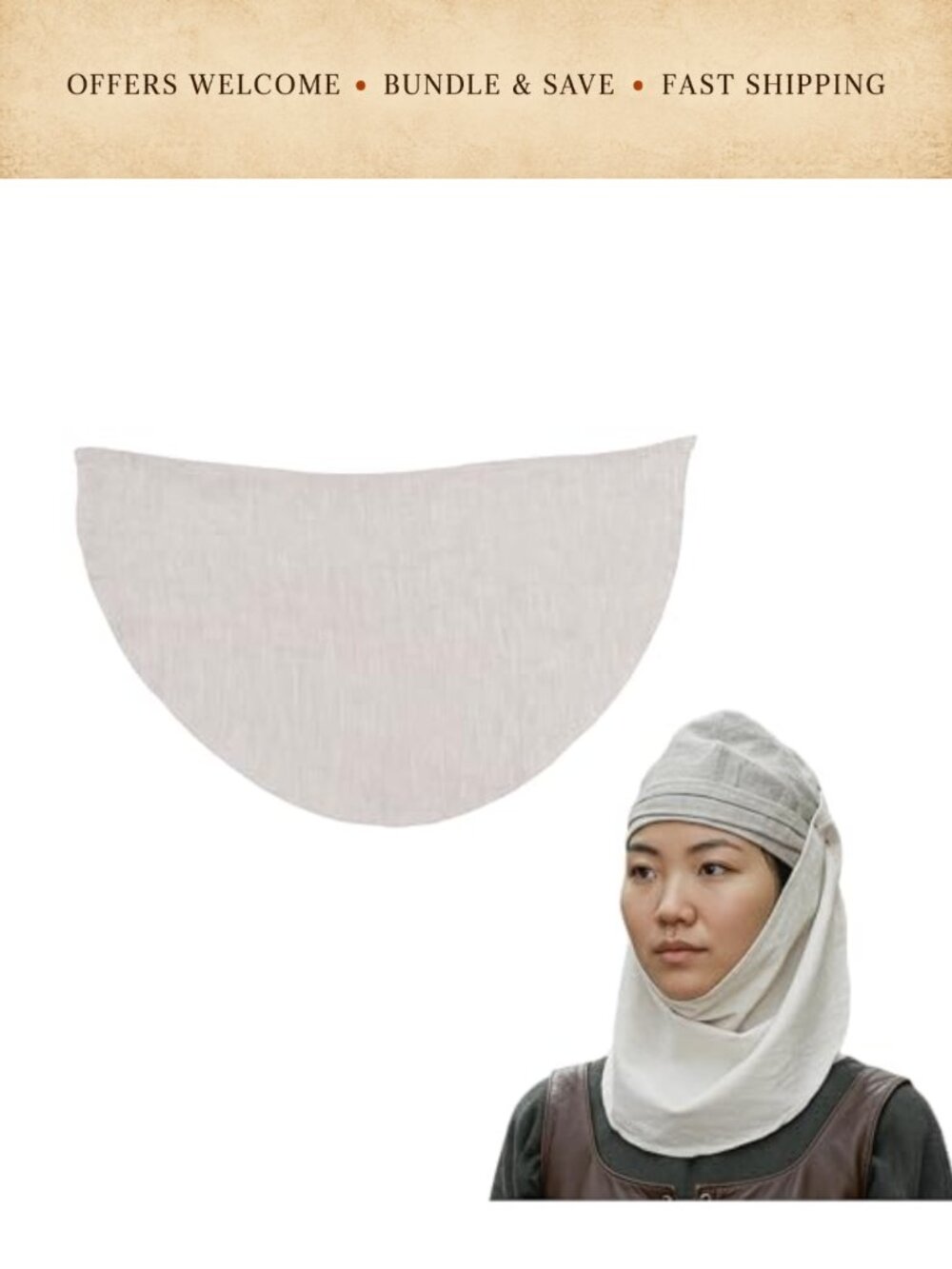 Medieval Cotton Linen Arming Cap Half Moon Head Covering LARP